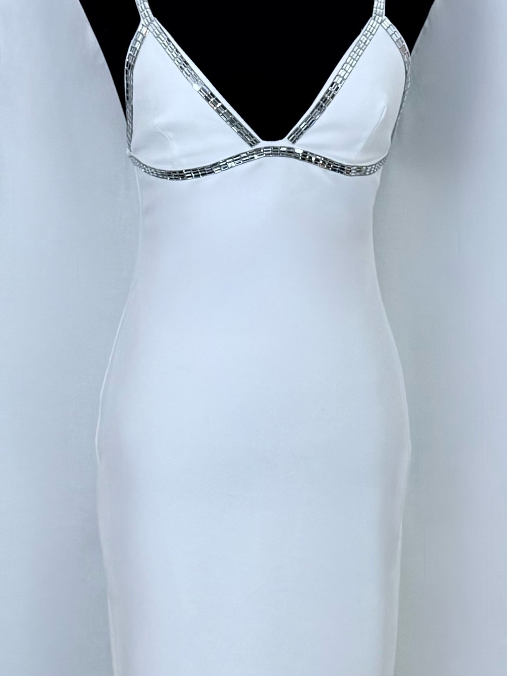 Zara White Satin Slip Dress with Silver Mirror Trim